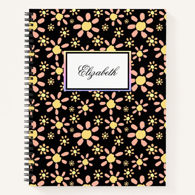 Cuaderno Flores modernas en floral de nombre negro (Anverso)