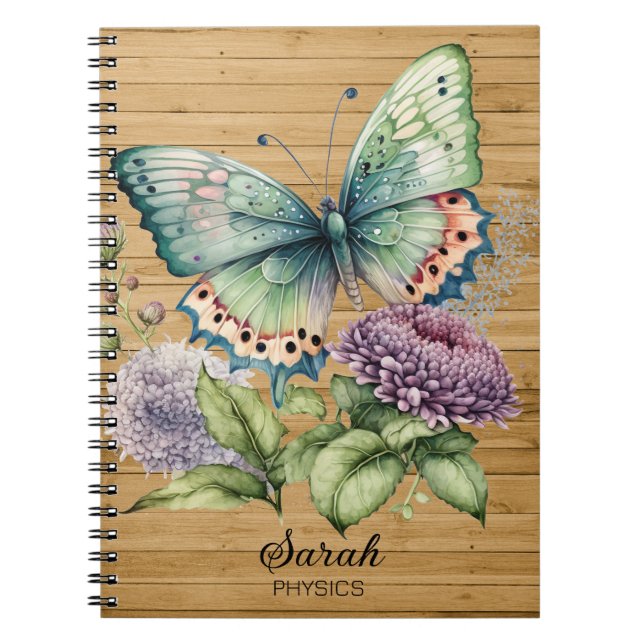 Cuaderno Flores moradas de mariposa azul verde Asunto (Frente)