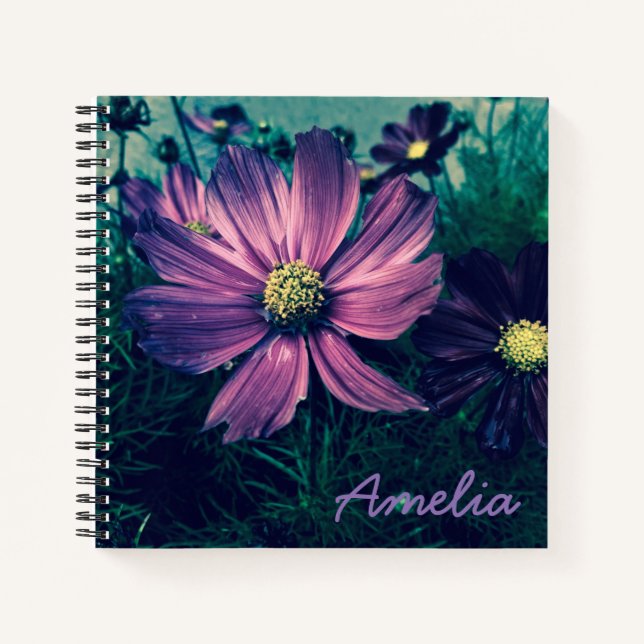 Cuaderno Flores moradas oscuras personalizadas (Anverso)