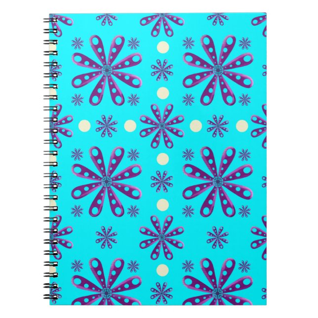 Cuaderno Flores Moradas Retro sobre Fondo Azul (Frente)