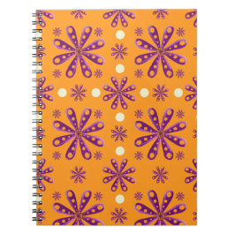 Cuaderno Flores Moradas Retro sobre Fondo Naranja