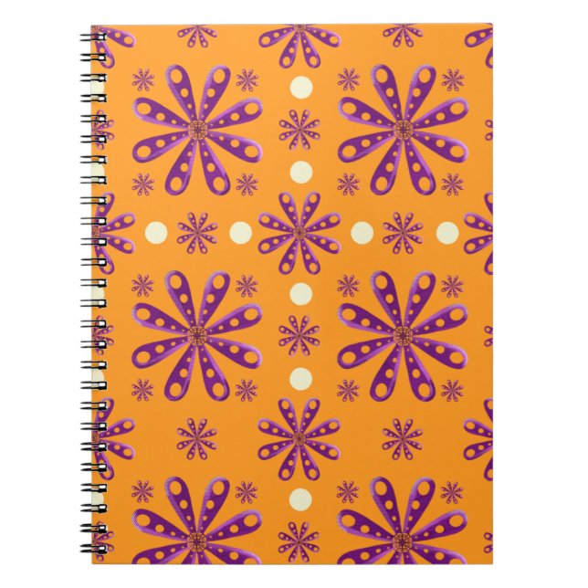 Cuaderno Flores Moradas Retro sobre Fondo Naranja (Frente)