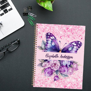Cuaderno Flores moradas rosadas de mariposa