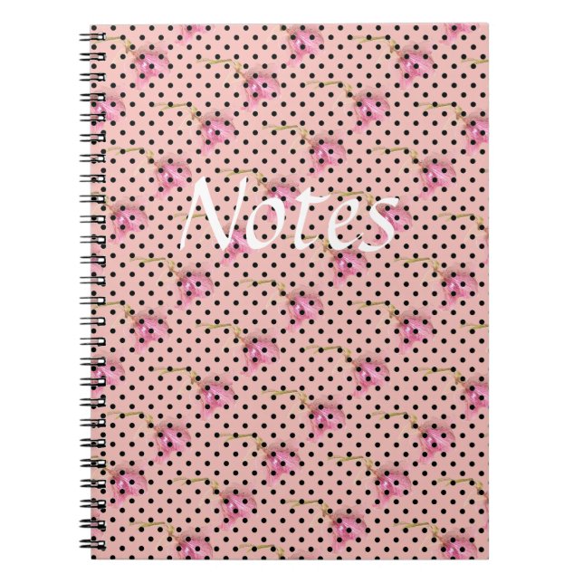 Cuaderno Flores moradas rosas y puntos de polka negro (Frente)