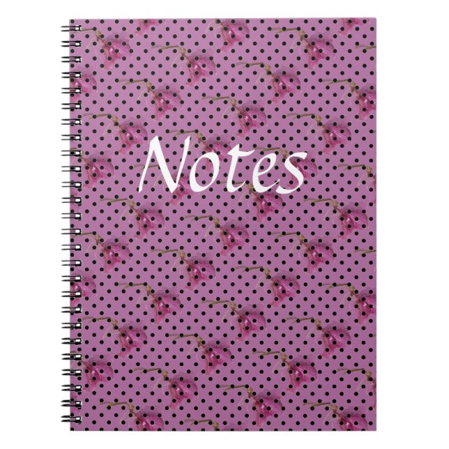 Cuaderno Flores moradas rosas y puntos de polka negro (Frente)