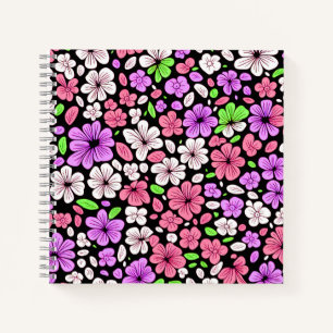 Cuaderno Flores moradas y rosadas y patrón de pétalos negro