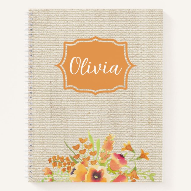 Cuaderno Flores Naranjas de acuarela personalizadas en Burl (Anverso)