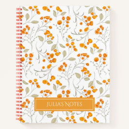 Cuaderno flores naranjas y ramas frondosas patrón personal