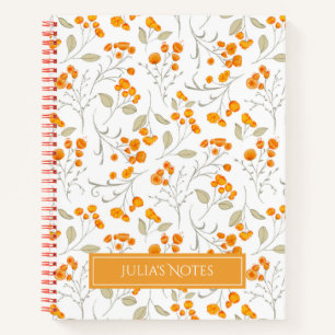 Cuaderno flores naranjas y ramas frondosas patrón personal