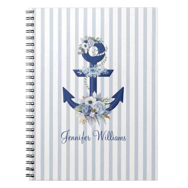 Cuaderno Flores Náuticas Personalizadas Rayas Azul Marino (Frente)