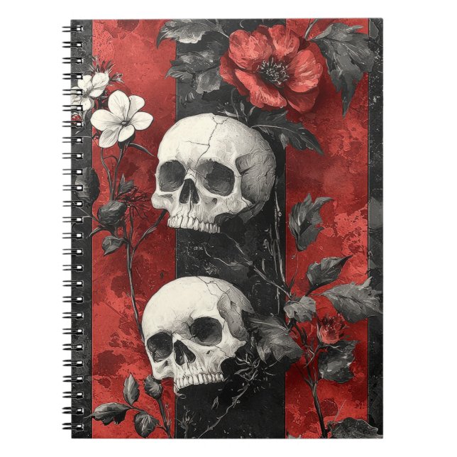 Cuaderno Flores oscuras góticas calaveras raya roja y negra (Frente)