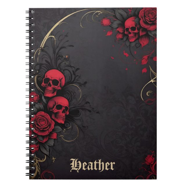 Cuaderno Flores oscuras góticas calaveras rosa negra roja (Frente)