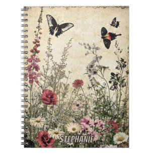 Cuaderno Flores, pájaros y mariposa sobre papel de edad (2)