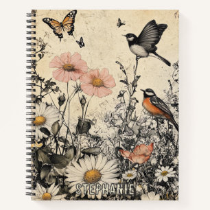 Cuaderno Flores, pájaros y mariposas sobre papel envejecido