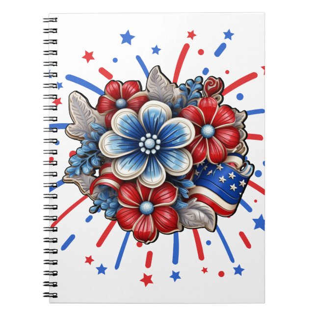 Cuaderno Flores patrióticas en rojo blanco y azul 4 de juli (Frente)