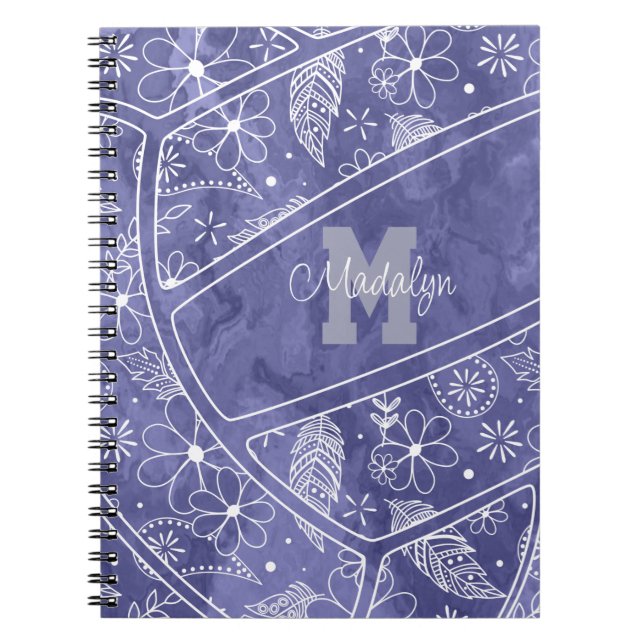 Cuaderno flores plumas paisas voleibol púrpura (Frente)