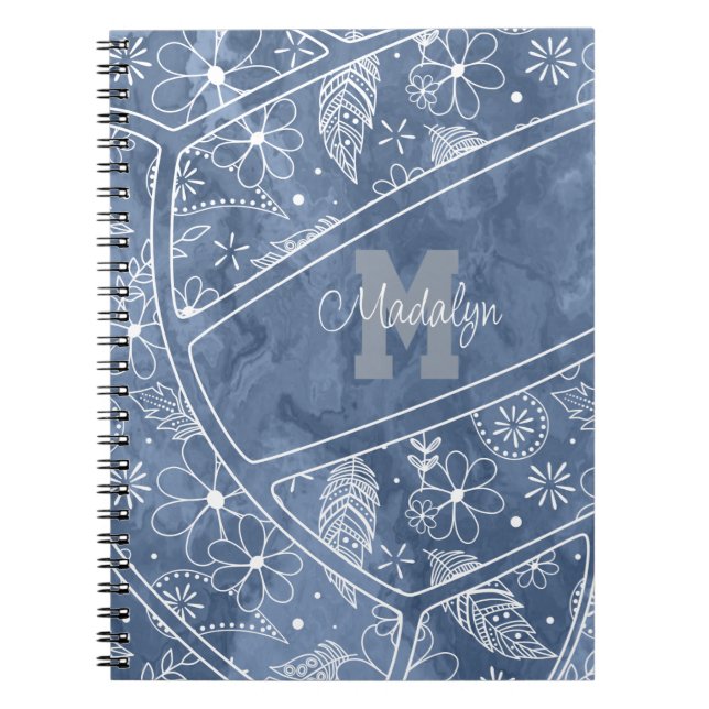 Cuaderno flores plumas paislies patrón voleibol azul (Frente)