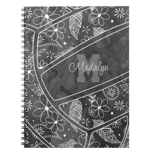 Cuaderno flores plumas paislies voleibol de carbón vegetal (Frente)