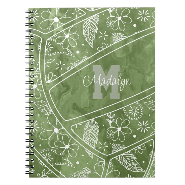 Cuaderno flores plumas paislies voleibol verde (Frente)