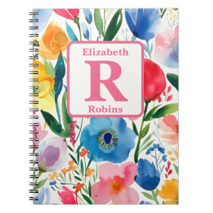 Cuaderno Flores primaverales coloridas monograma personaliz
