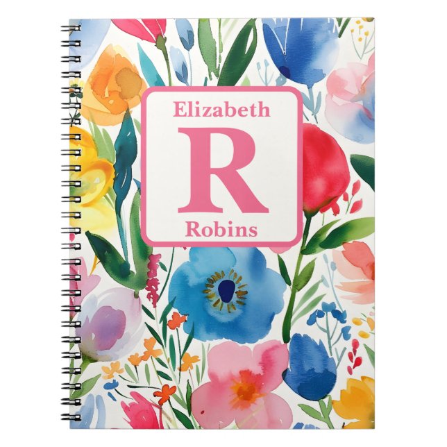Cuaderno Flores primaverales coloridas monograma personaliz (Frente)
