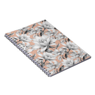 Cuaderno Flores purpurinas de oro rosa blanco negro botánic