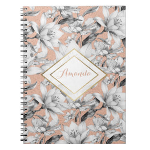 Cuaderno Flores purpurinas de oro rosa blanco negro botánic