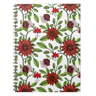 Cuaderno flores rojas abstractas y hojas verdes en la bac b