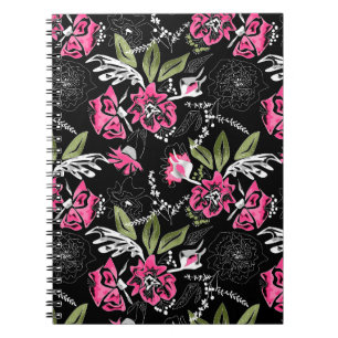 Cuaderno Flores rojas acuarelas hojas verdes dibujos floral