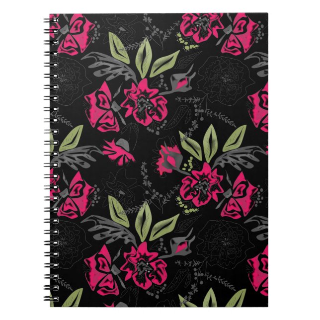 Cuaderno Flores rojas acuarelas hojas verdes dibujos floral (Frente)