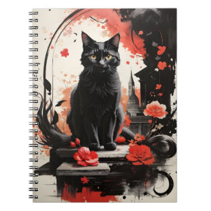 Cuaderno Flores rojas de color de agua negro gato salpicado