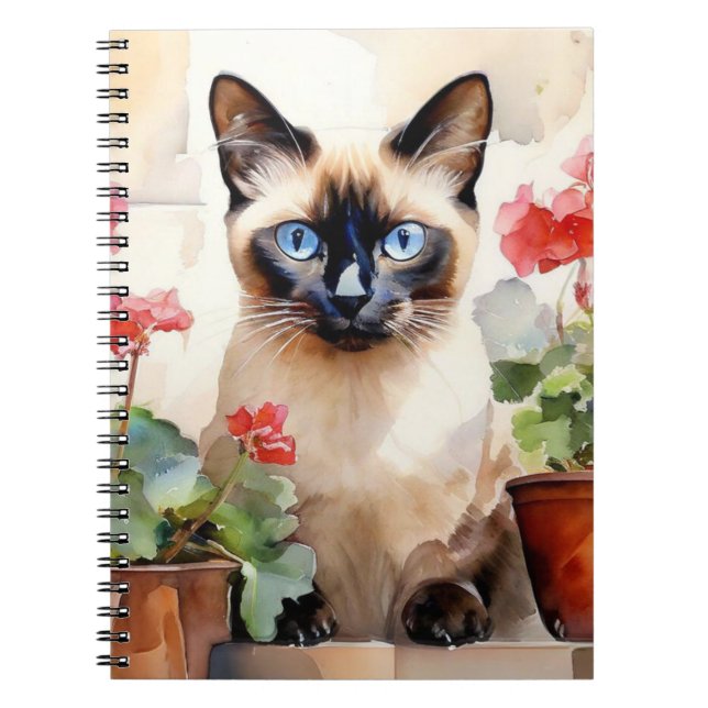Cuaderno Flores rojas de gato siamesas de una suave acuarel (Frente)