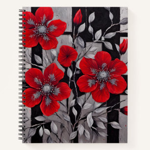 Cuaderno Flores rojas en cuadrados negro y plateado