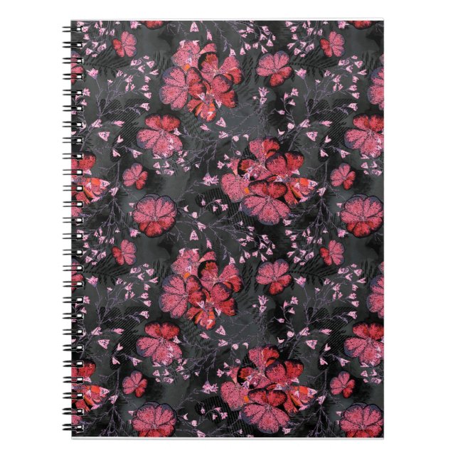 Cuaderno Flores rojas en un fondo negro-gris. (Frente)