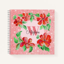 Cuaderno Flores rojas pintadas a mano Purpurina rosa Rubor