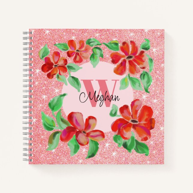 Cuaderno Flores rojas pintadas a mano Purpurina rosa Rubor (Anverso)