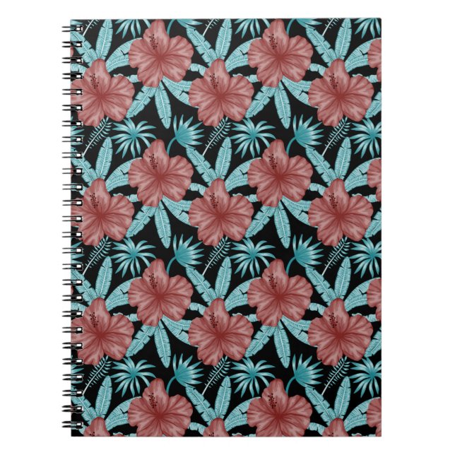 Cuaderno Flores rojas trópicas sin costuras y hojas azules (Frente)