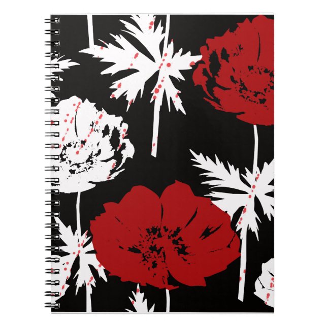 Cuaderno Flores rojas y blancas en negro. (Frente)