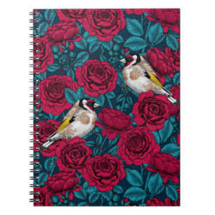Cuaderno Flores rojas y pájaros dorados