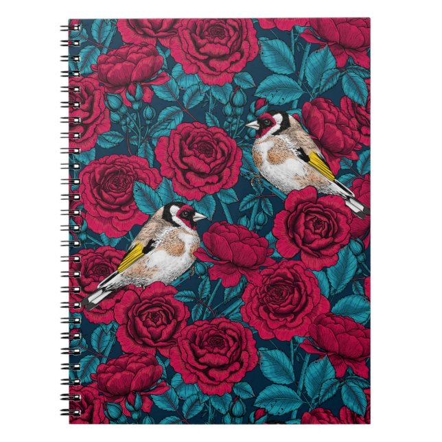 Cuaderno Flores rojas y pájaros dorados (Frente)