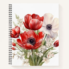 Cuaderno FLORES ROJOS Y BLANCOS DE COLOR DE AGUA bonito