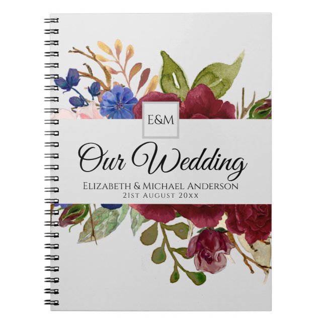 Cuaderno Flores rosa azul borgoña Regalos de boda para reci (Frente)