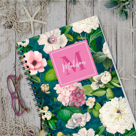 Cuaderno Flores rosa florales de estilo estampado monograma
