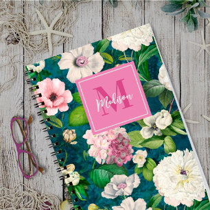 Cuaderno Flores rosa florales de estilo estampado monograma