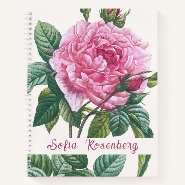 Cuaderno Flores rosa rosadas con hojas verdes Monograma (Anverso)