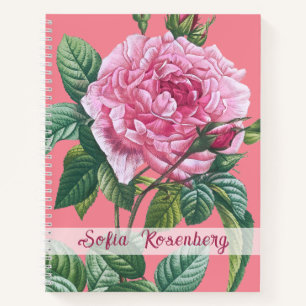 Cuaderno Flores rosa rosadas con hojas verdes Monograma