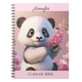 Cuaderno Flores rosadas de oso de panda lindo Personaliza e
