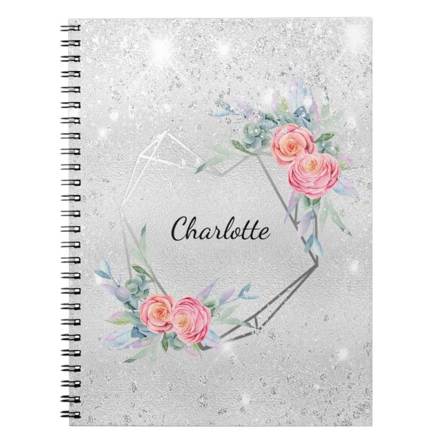 Cuaderno Flores rosadas plateadas nombre purpurina (Frente)