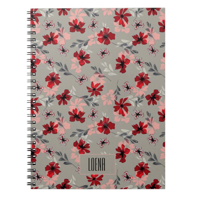 Cuaderno Flores rosadas rojas sobre un fondo gris. (Frente)