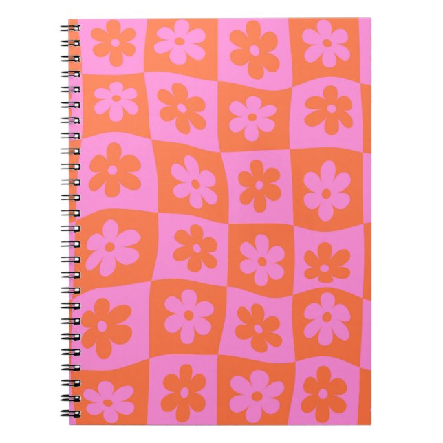 Cuaderno Flores rosadas y naranjas retro deformadas a cuadr (Frente)